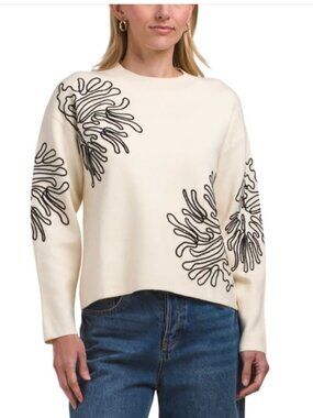 NWT NANCY YANG Abstract Embroidered Floral Cream Cotton Blend Sweater